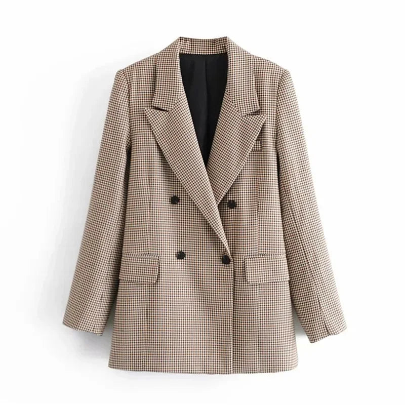 British Style Retro Plaid Blazer Suit Women Simple Mid Length Double Breasted Casual Office Blazers Lady Work Commute Suit