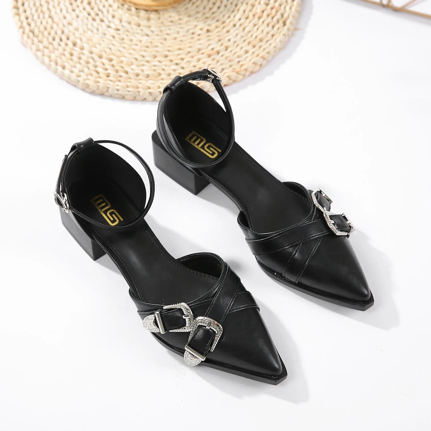 Women's Rhinestone Pointed Shallow Low-Heeled Sandals with Belt Buckle