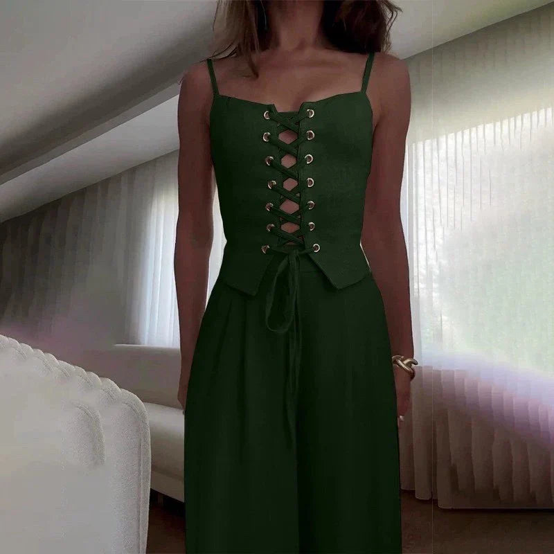 | Lace-Up Top Wide Leg Pants Set
