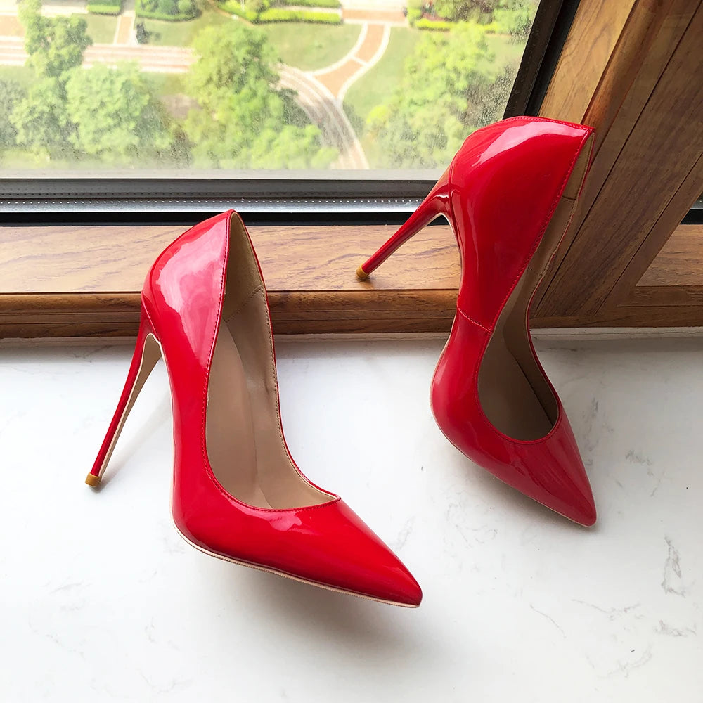 Red Patent Pointy Toe Stiletto Pumps - 12cm Heel