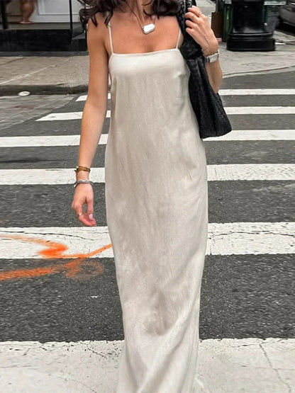 Square Neck Spaghetti Strap Linen Look Flowy Maxi Dress