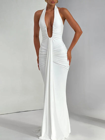Draped Deep V Club Party Maxi Bodycon Dress