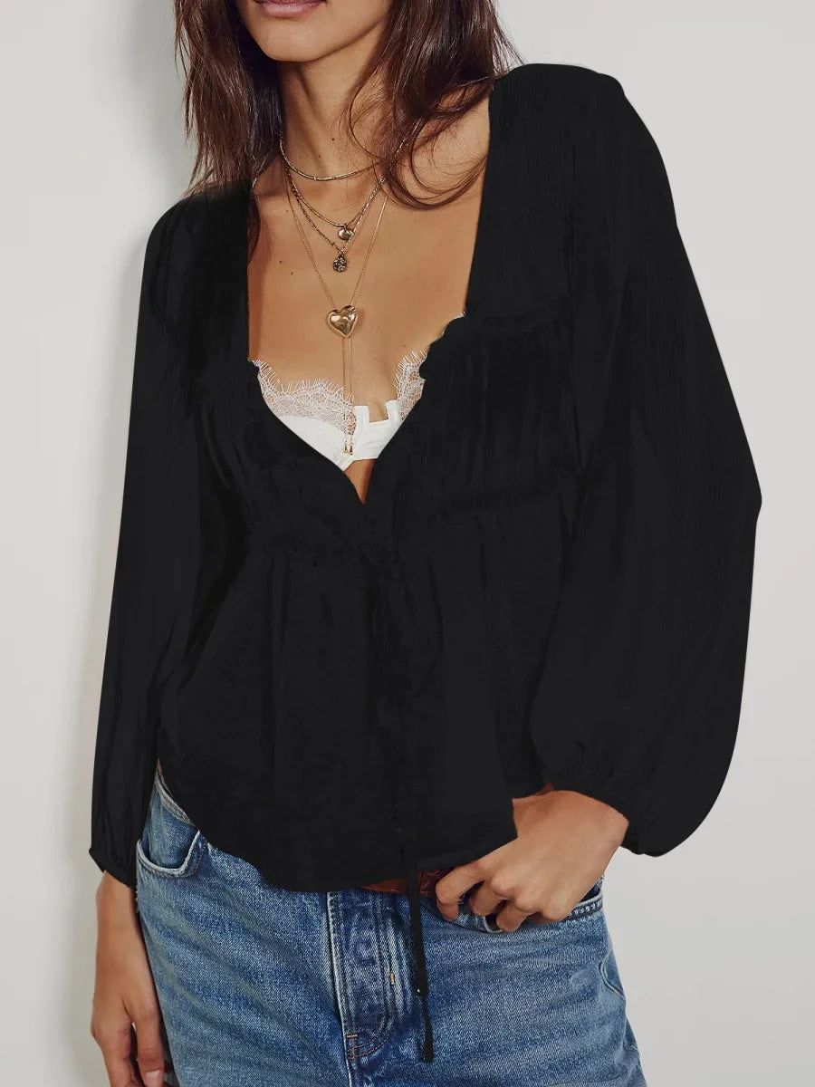 Women Ruffle Lace Chiffon Tie Chiffon Blouse