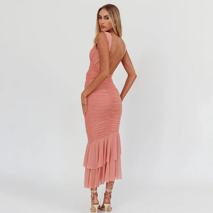 Pink Sheath Backless Sleeveless Ruffled Prom Dress