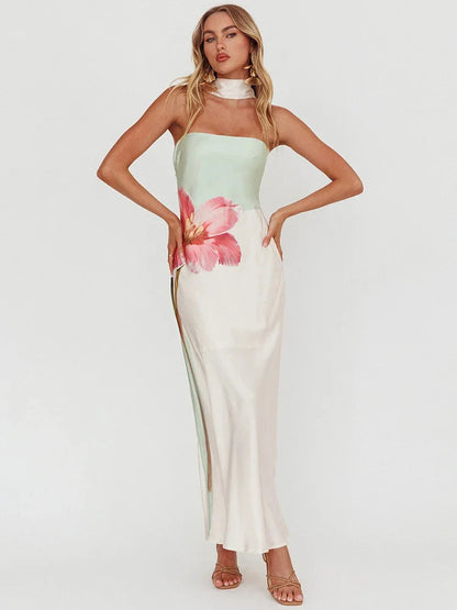 Halter Print Off-shoulder Strapless Sleeveless Vacation Dress