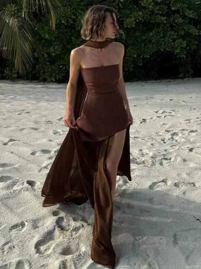 Strapless Ribbon Mesh Beach Maxi Dress