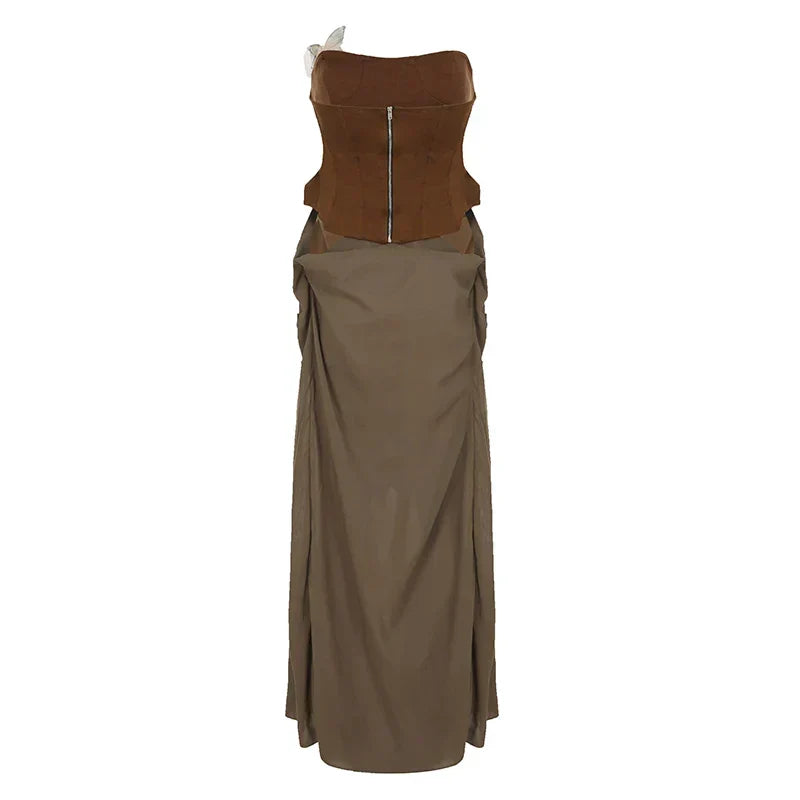 Lace Up Corset Butterfly Applique Draped Waist Maxi Skirt Set