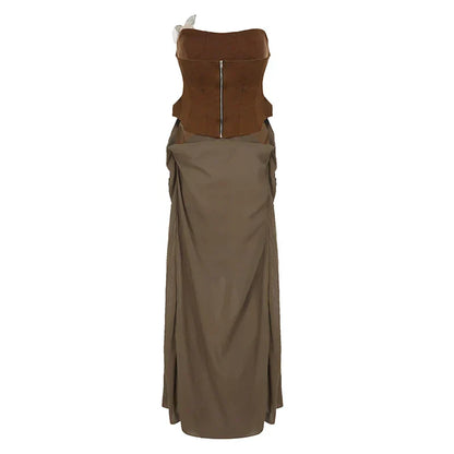 Lace Up Corset Butterfly Applique Draped Waist Maxi Skirt Set