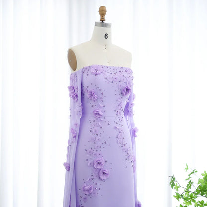 Off-Shoulder Lilac 3D Flowers Evening Dress with Cape Sleeves