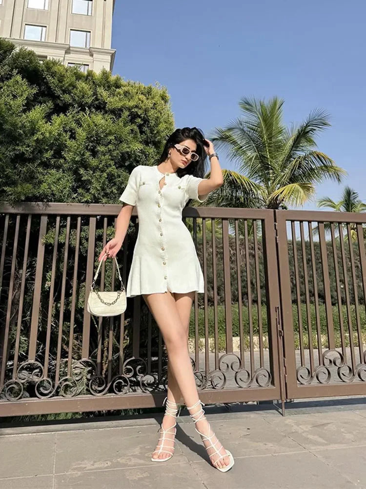 Knit Button Front Patch Pocket Short Sleeve A-Line Mini Dress