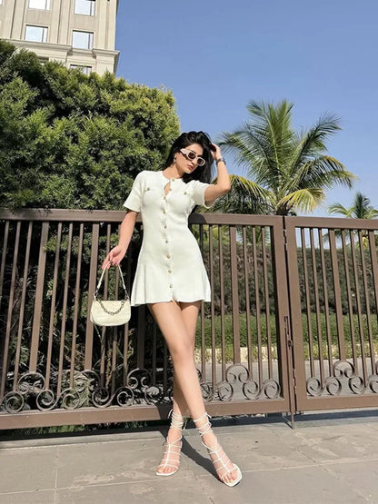 Knit Button Front Patch Pocket Short Sleeve A-Line Mini Dress