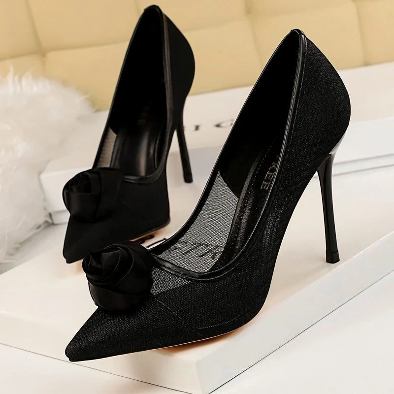 Sexy Party Rose Flower Woman Pumps with Mesh Hollow High Heels