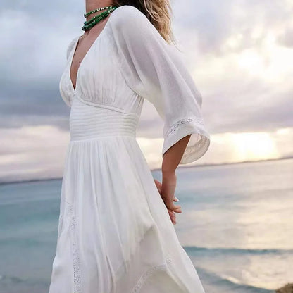 Deep V Neck Polyester Elastic Waist Boho Dress