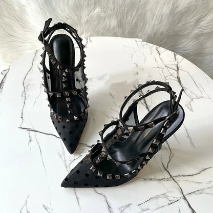 Black Gauze Mesh Gladiator High Heel Shoes with Summer Studs Rivets and Backless Design