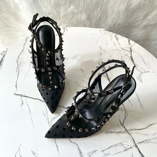 Black Gauze Mesh Gladiator High Heel Shoes with Summer Studs Rivets and Backless Design
