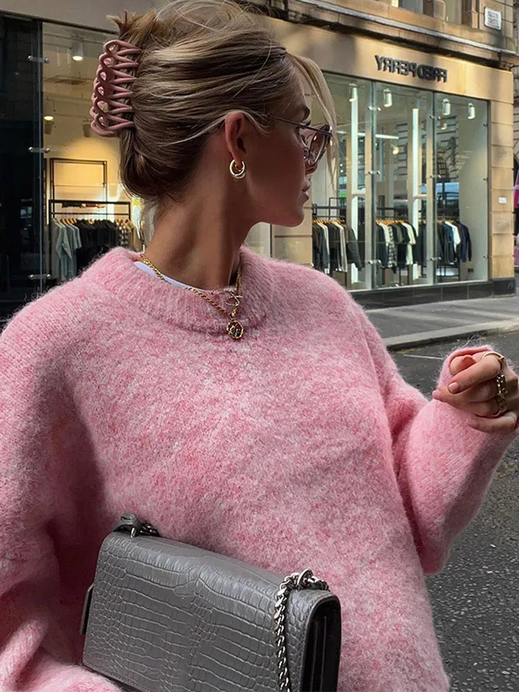 Casual Oversize Pink Women's Cashmere Base Sweater Fashion Long Sleeve Solid Round Collar Pullover New Lady High Streetwear
