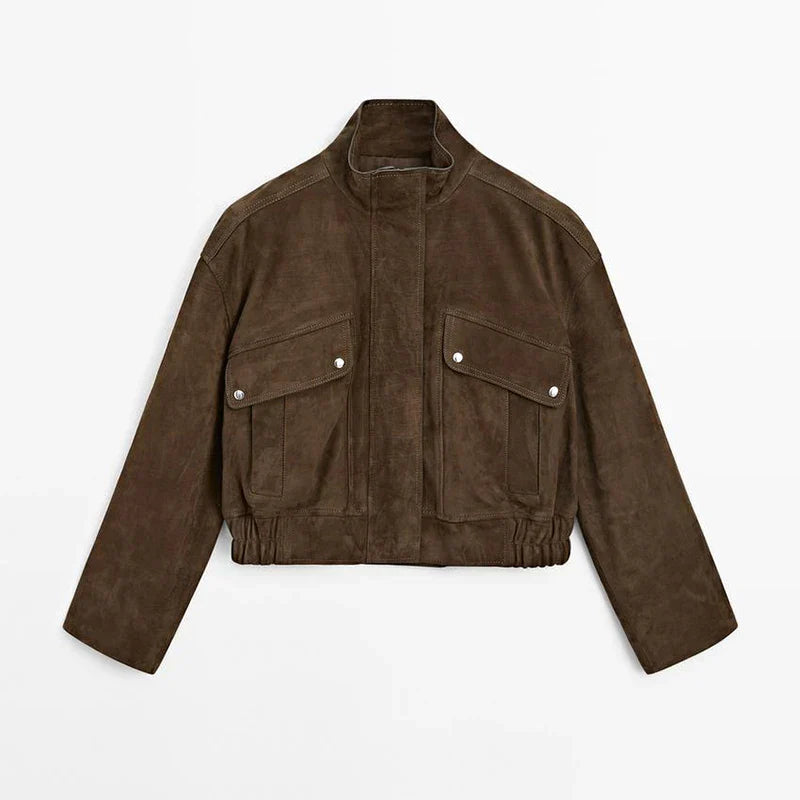 Zipper Suede Cargo Jacket Coat Button Lapel Maillard Slimming Workwear Leather Jackets Casual Short Outwear Commute Overcoat