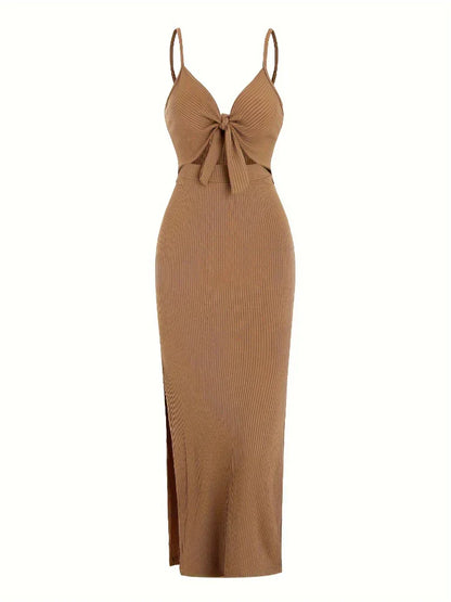 Maribel Tie Front Maxi Dress | Ribbed Slim Fit | Cutout Detail