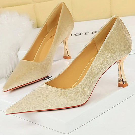 High Heels 7 Cm Suede Women Pumps with Metal Heel