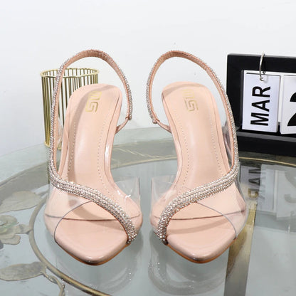 Fishmouth transparent rhinestone stiletto sandals for summer