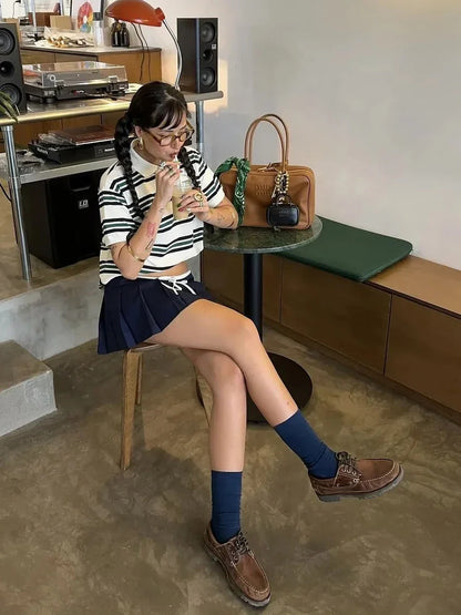 Striped Contrast Short Sleeve T-shirt Women Buttons Turndown Collar Tee Shirt Spring New Streetwear Vintage Chic Top Tees 2025