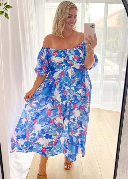 Off Shoulder Puff Sleeve Smocked Waist Abstract Floral Print Midi Dress