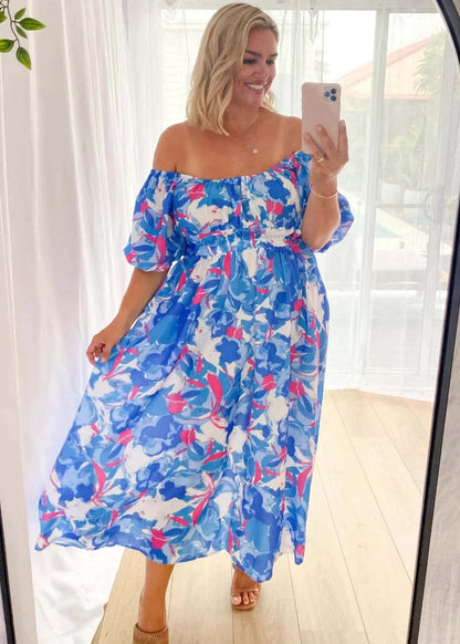 Off Shoulder Puff Sleeve Smocked Waist Floral Print Pocket Midi Dress