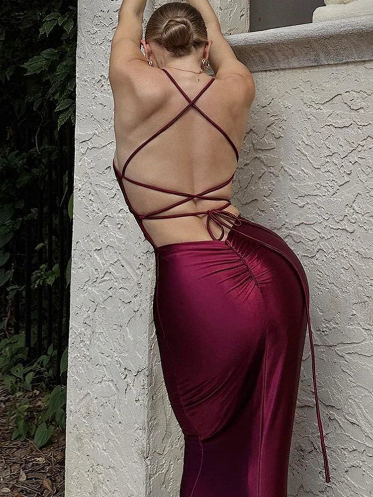 Lace-up V-neck Sleeveless Slim Party Dress