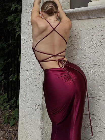 Lace-up V-neck Sleeveless Slim Party Dress