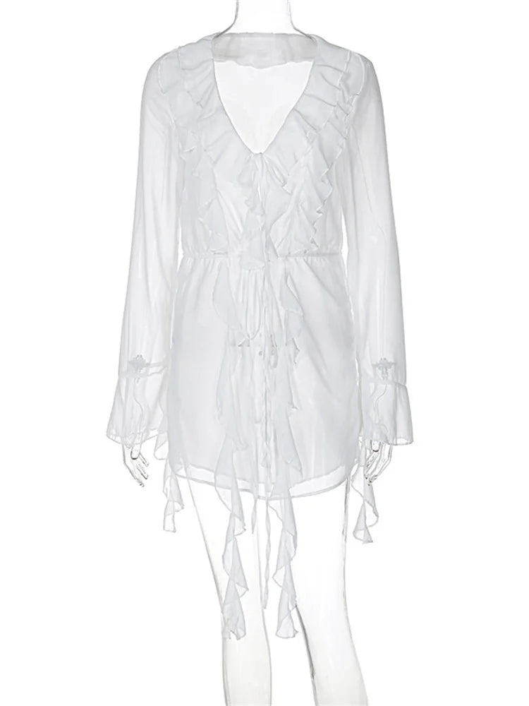 Sheer Chiffon Ruffle Trim Deep V-Neck Tie Front Long Sleeve Mini Dress