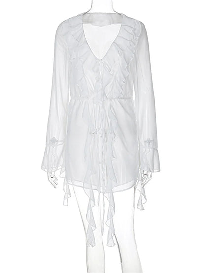 Sheer Chiffon Ruffle Trim Deep V-Neck Tie Front Long Sleeve Mini Dress