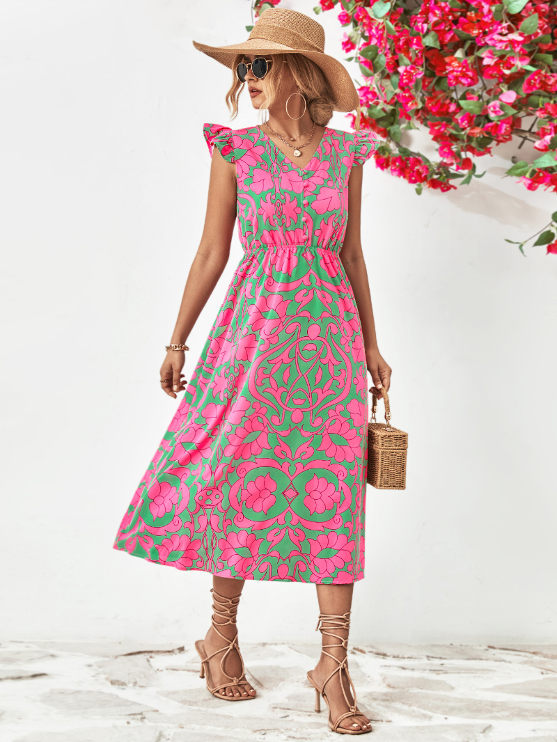 Deep V Neck Button Bodice Flutter Sleeve Damask Print Empire Waist Midi Dress