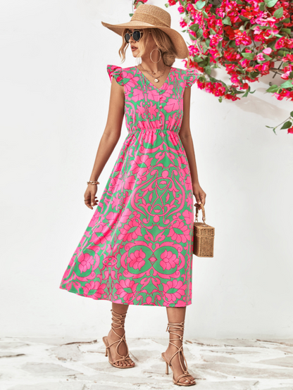 Deep V Neck Button Bodice Flutter Sleeve Damask Print Empire Waist Midi Dress