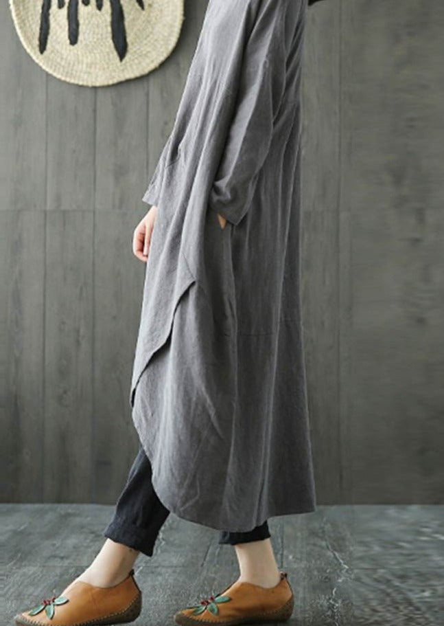 Linen Blend Oversized Long Sleeve Asymmetric Wrap Hem Tunic Maxi Dress