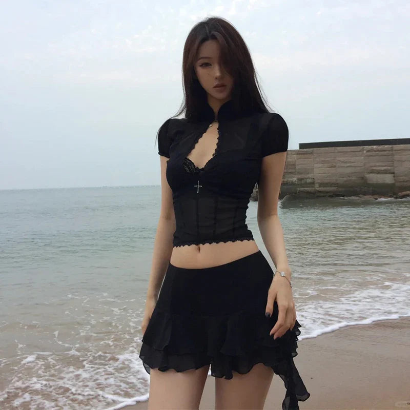 Mesh Lace Irregular Mini Skirt Two Piece Set