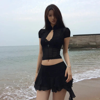 Mesh Lace Irregular Mini Skirt Two Piece Set