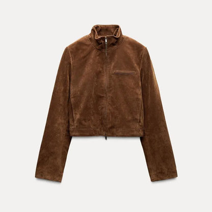 Stand Collar Suede Leather Jacket Coat Zipper Retro Long Sleeved Casual Biker Jackets Loose Fashion Front Shoulder Short Outwear