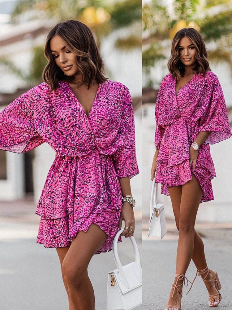 Tropical Floral Print Twist-Waist Kimono Sleeve Tiered Ruffle Mini Dress