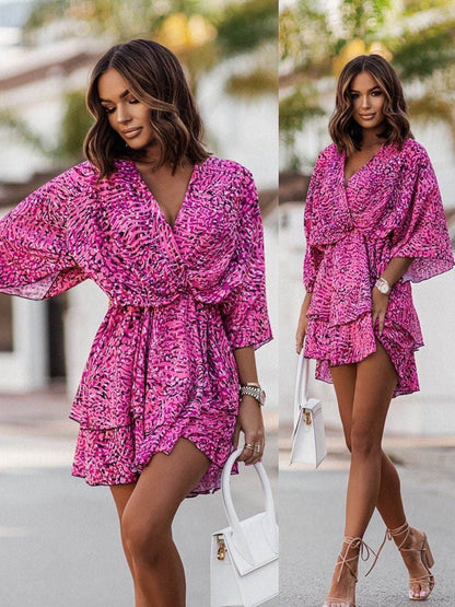 Tropical Floral Print Twist-Waist Kimono Sleeve Tiered Ruffle Mini Dress