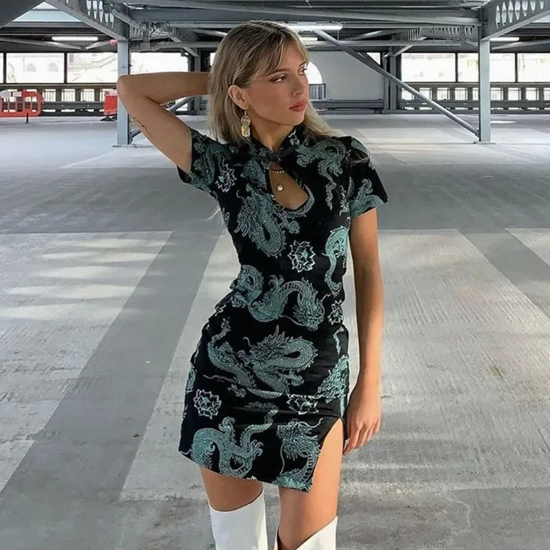 Vintage Front Hole High Sp Bodycon Dress
