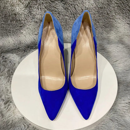 Blue Women Synthetic Suede Pointy Toe High Heel Party Dress Shoes - Contrast