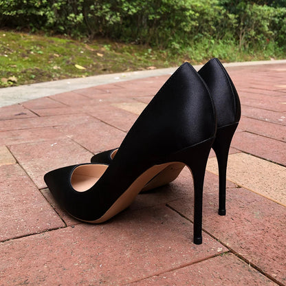 Black Silk Satin Pointy Toe High Heel Stiletto Pumps for Elegant Ladies