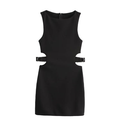Crop Hollow Waist Black Mini Dress