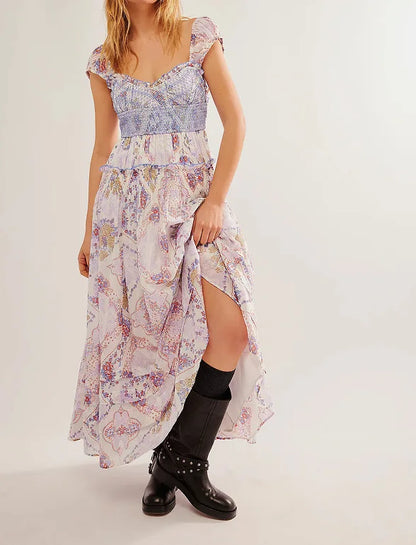 Printed Chiffon Short Sleeve A-line Boho Dress