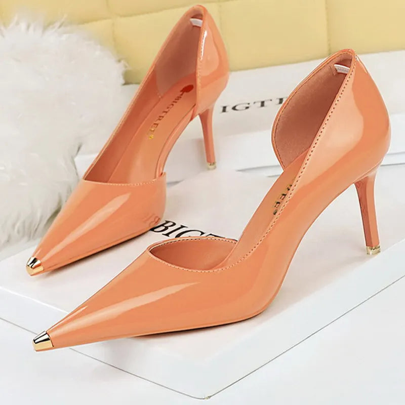 Black Patent Leather High Heel Metal Pointed Pumps for Women - Sexy Party Stilettos