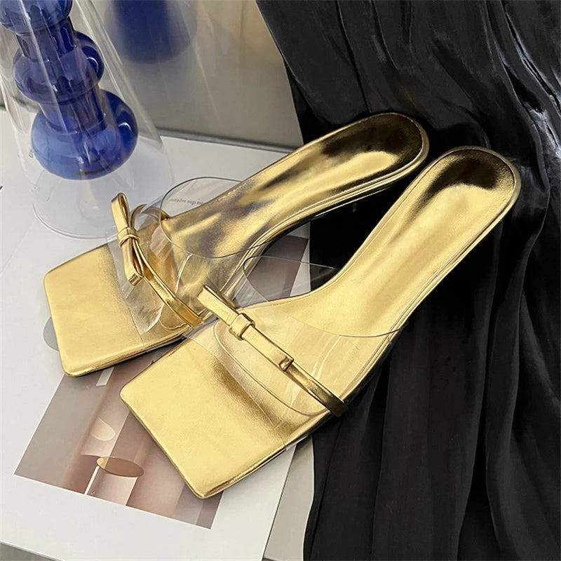 Butterfly-knot Slipper Women PVC Transparent Square toe Low Thin Heels for Summer Fashion