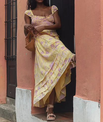 Printed Chiffon Short Sleeve A-line Boho Dress