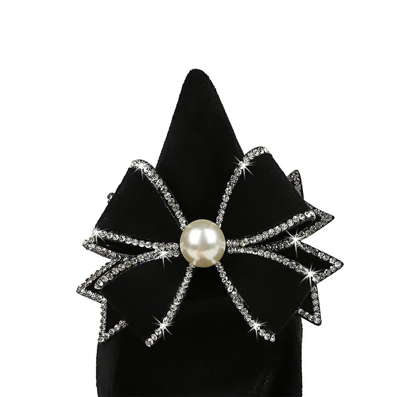 Pearl Bowknot Rhinestone High Heel Pumps in Suede Stilettos for Women - 10.5 cm