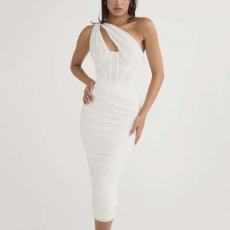 Hollow One Shoulder Mesh Midi Dress