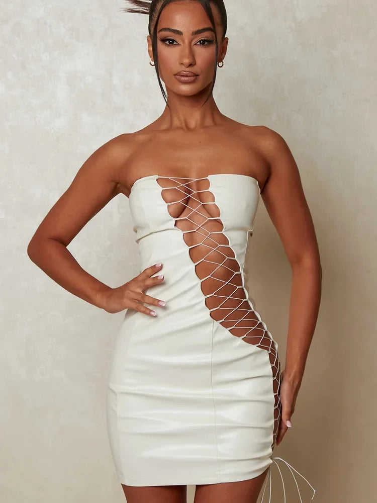 PU Leather Strapless Sleeveless Bodycon Dress